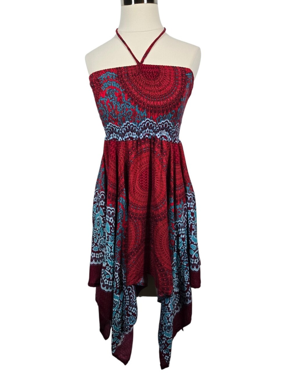 Boho Floral Mandala Smocked Hankerchief Hem Swim Cover Up Dress Size Small